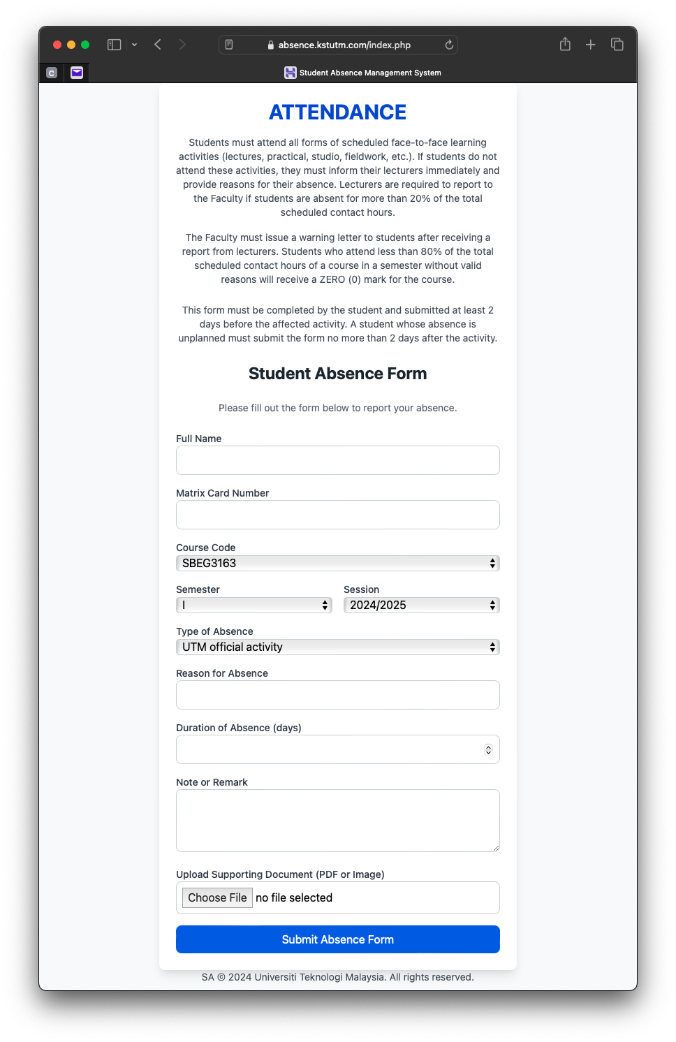 Development of a Student Absence Submission System